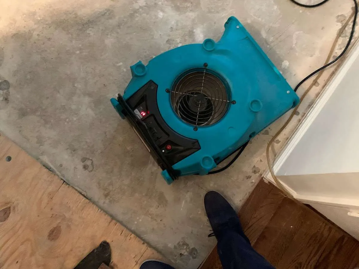 Air mover drying subfloor during Commercial Water Damage Restoration in Carrollton